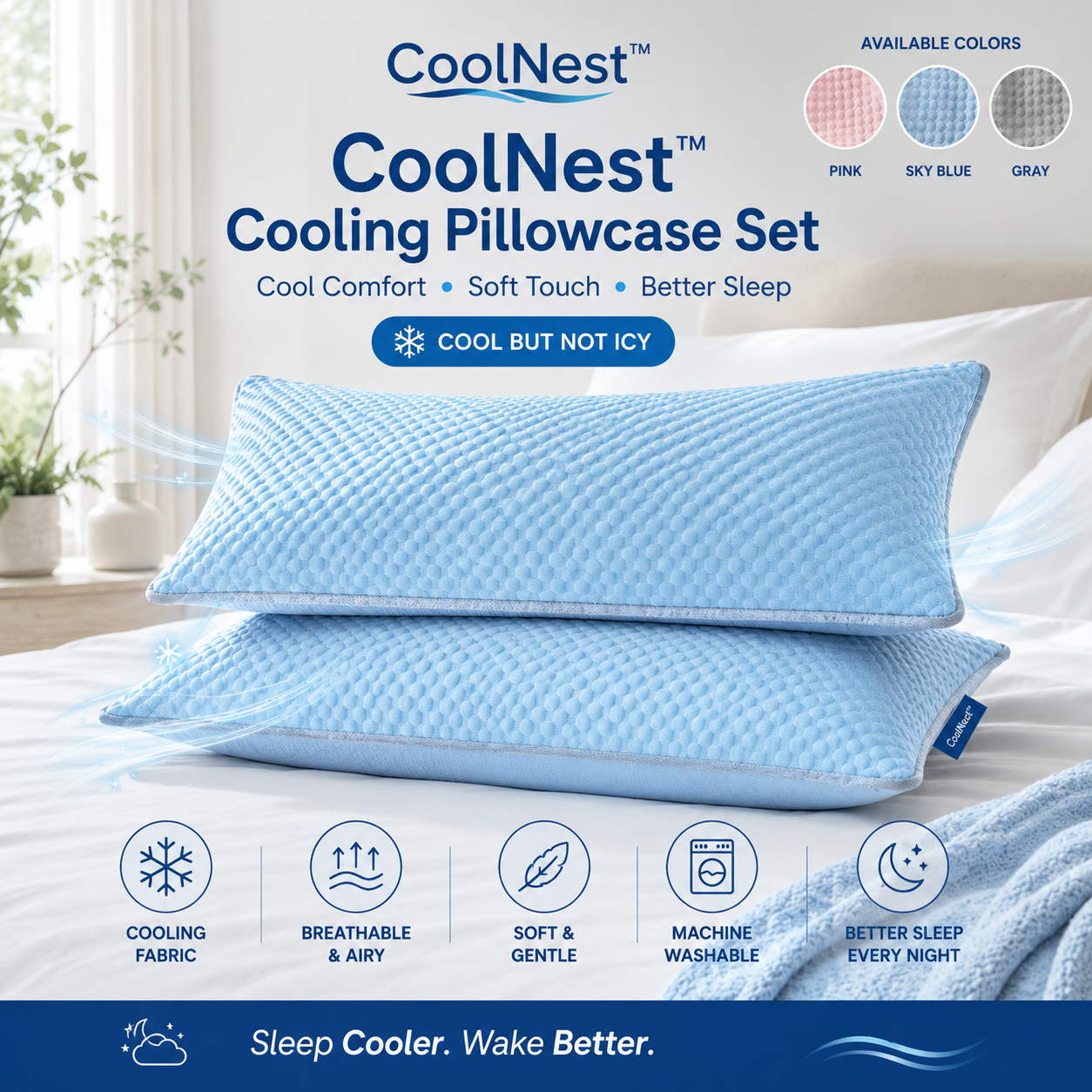 CoolNest™ Cooling Pillowcase – Breathable Pillow Cover for Hot Sleepers